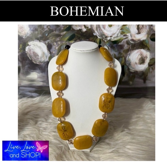 BOHEMIAN Mustard and Black Flat Stone Women’s Necklace NWOT